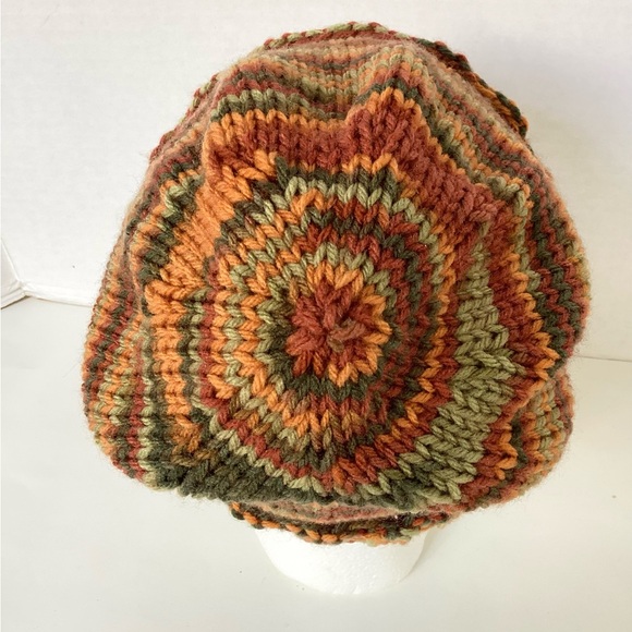 Beanie Hat Slouchy Hand Crafted Multicolor Stripes Orange Brown Green Rust Knit - Picture 9 of 16